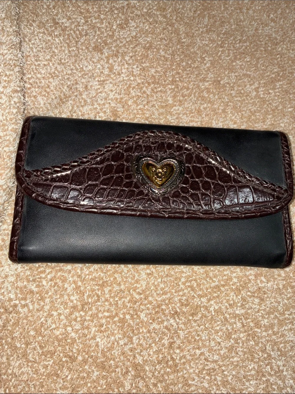 Black and Dark Brown Croc-Trim Wallet with Gold Heart Accent